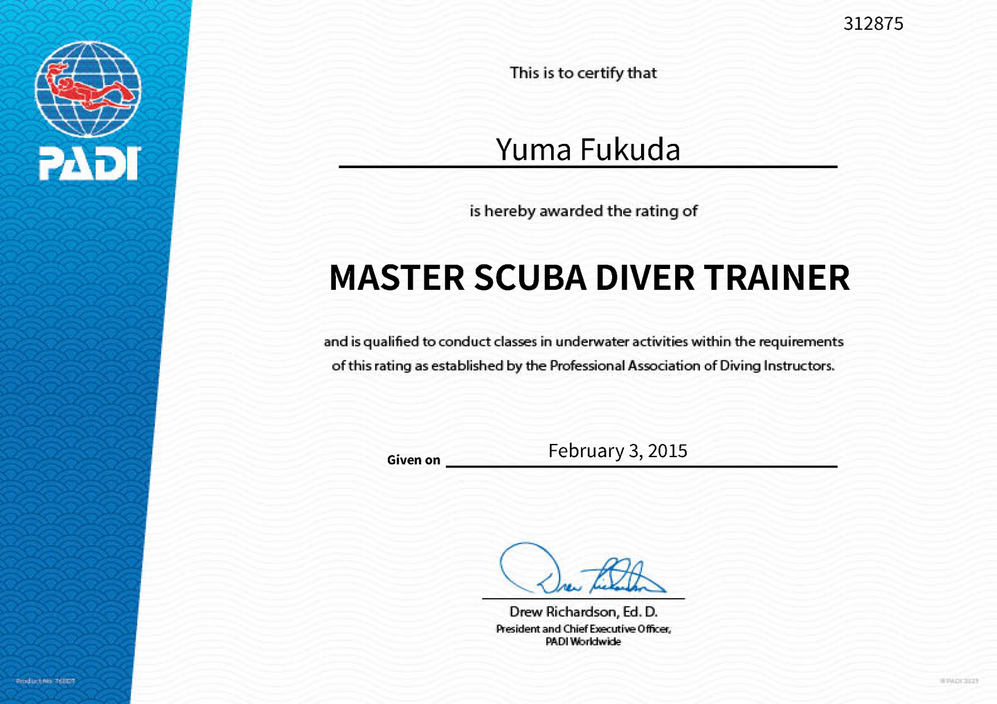 PADI認定証MSDT YUMA